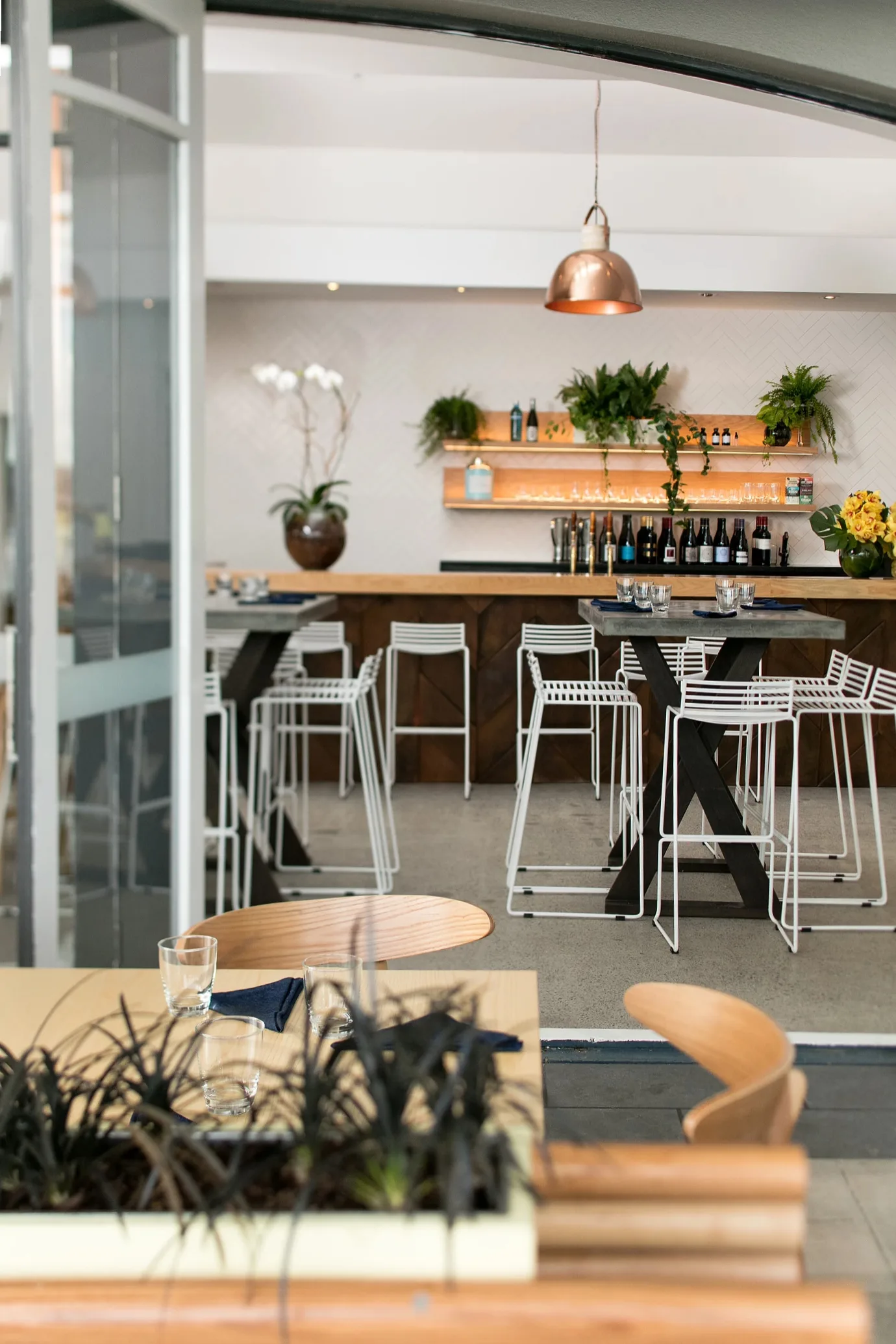 True Food and Yoga – bar seating area with copper pendant light and open shelving of plants and glassware