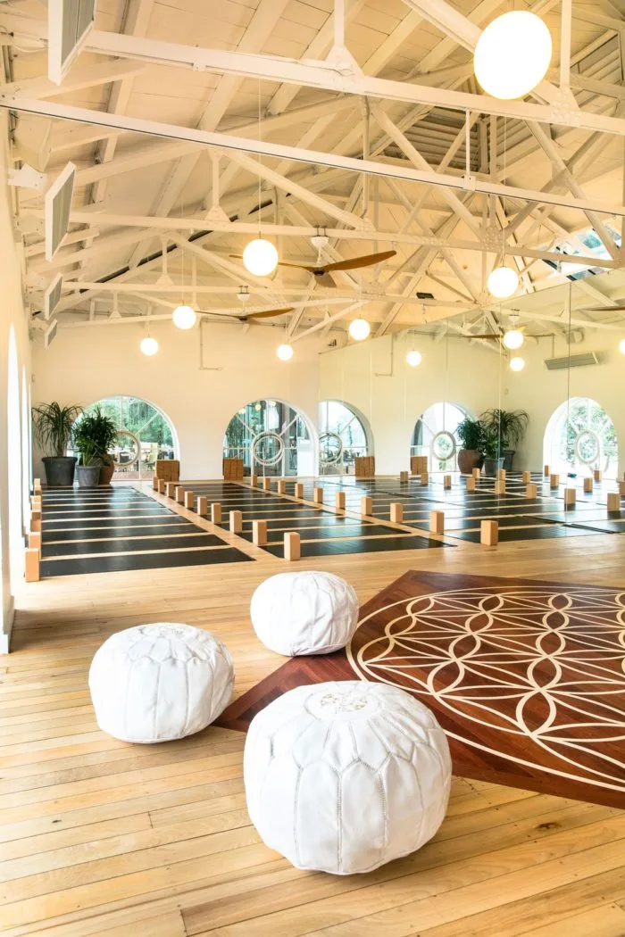 True Food and Yoga – yoga studio with vaulted ceiling, arched windows and round mirrors